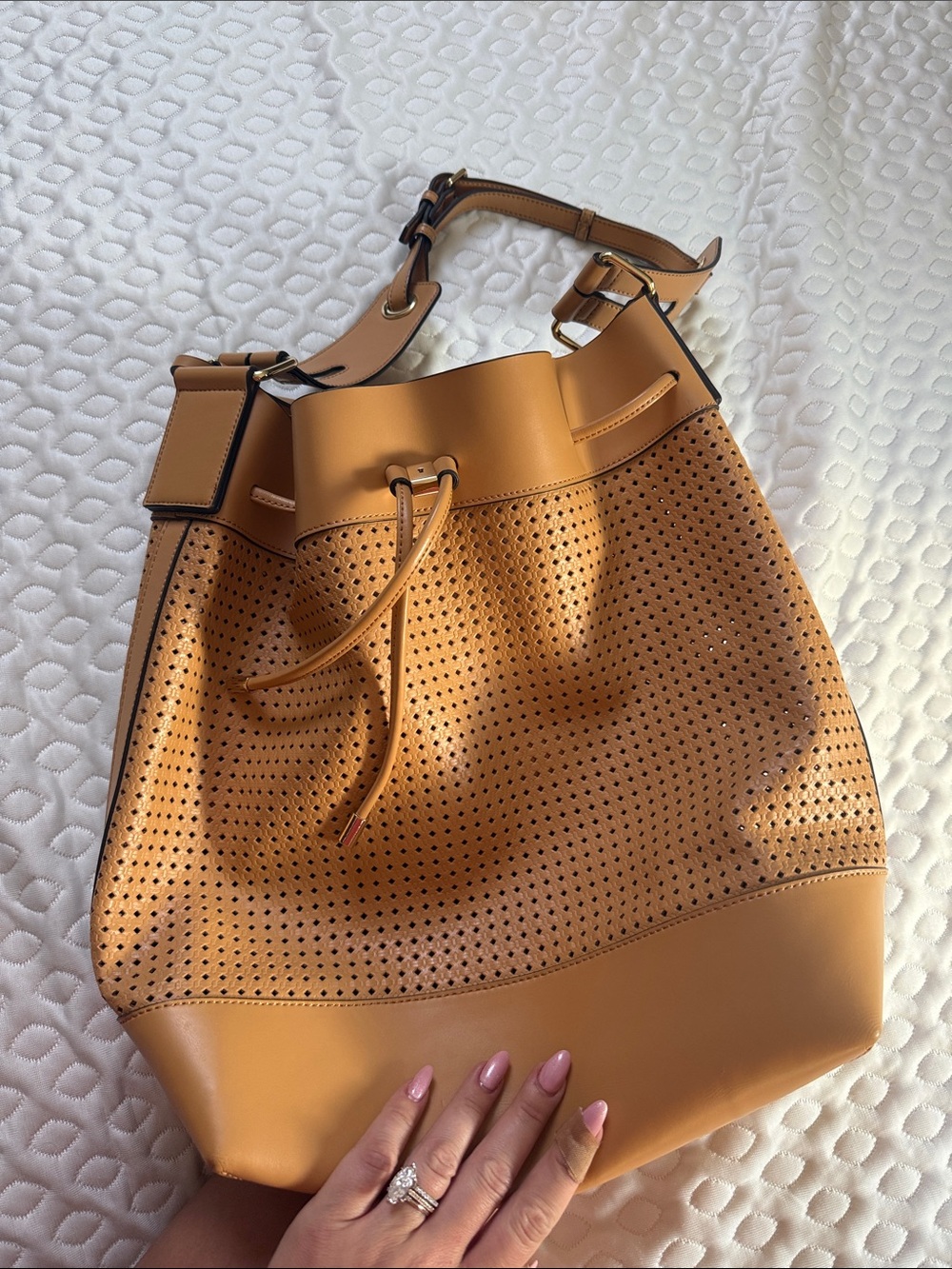 Vince Camuto Perforated Drawstring Shoulder Bag - Mustard Tan - Picture 2 of 8